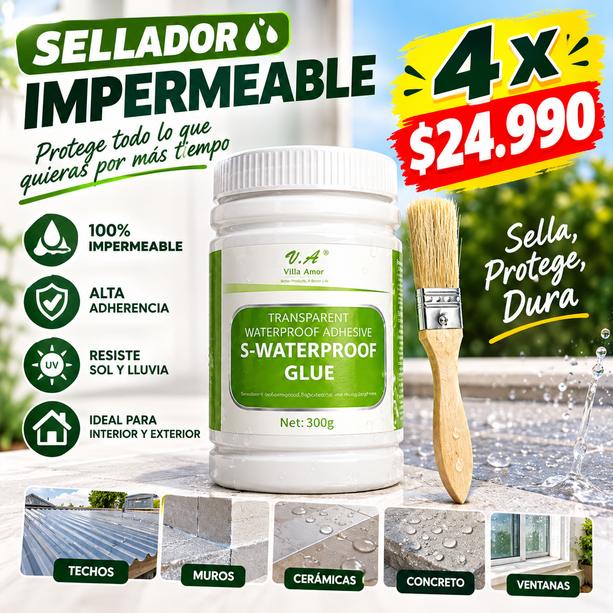 4 SELLADORES IMPERMEABLES 300g + BROCHA GRATIS